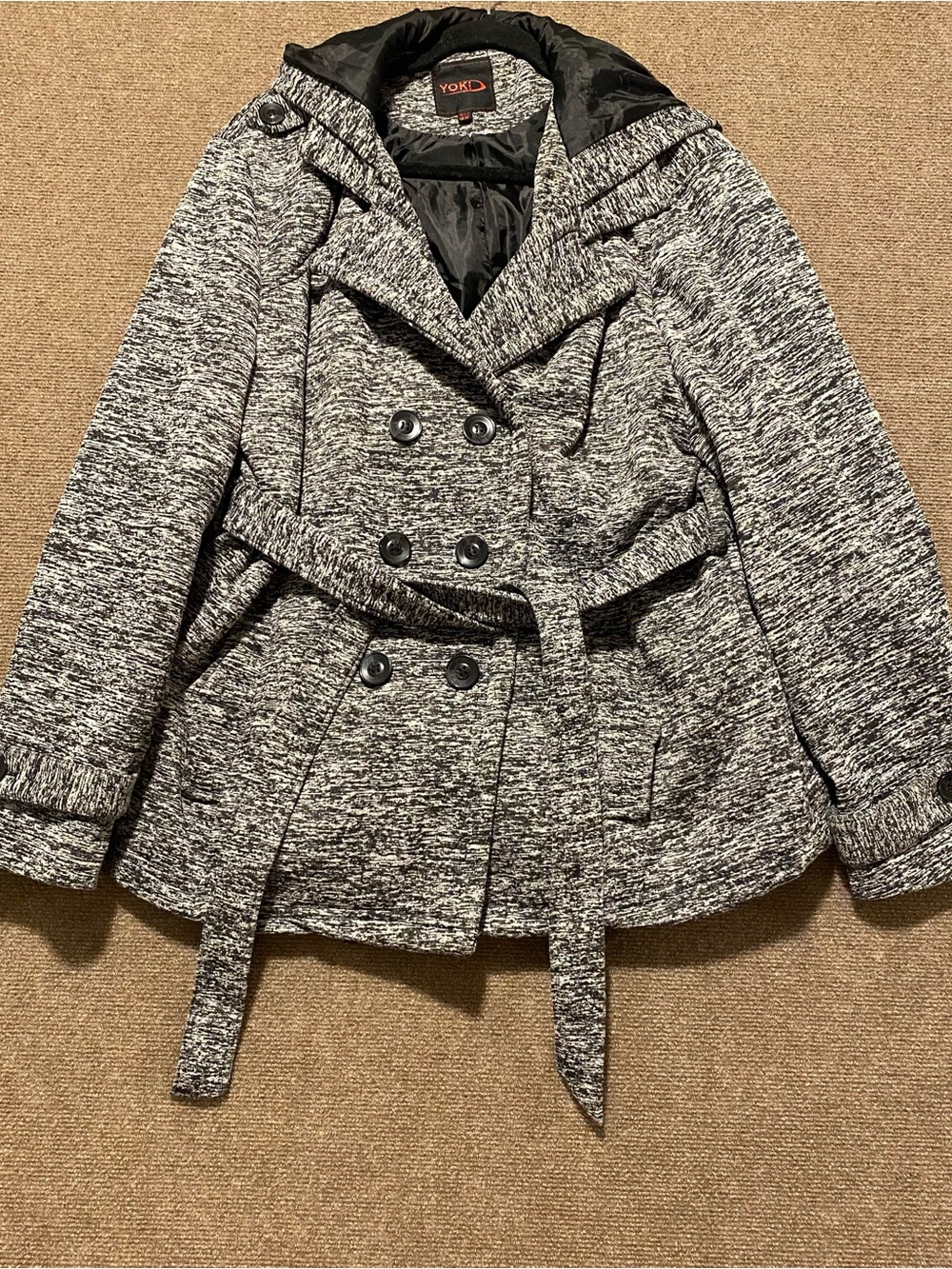 Yoki Gray & Black Tweed Double-Breasted Hooded Peacoat Jacket Size 3X